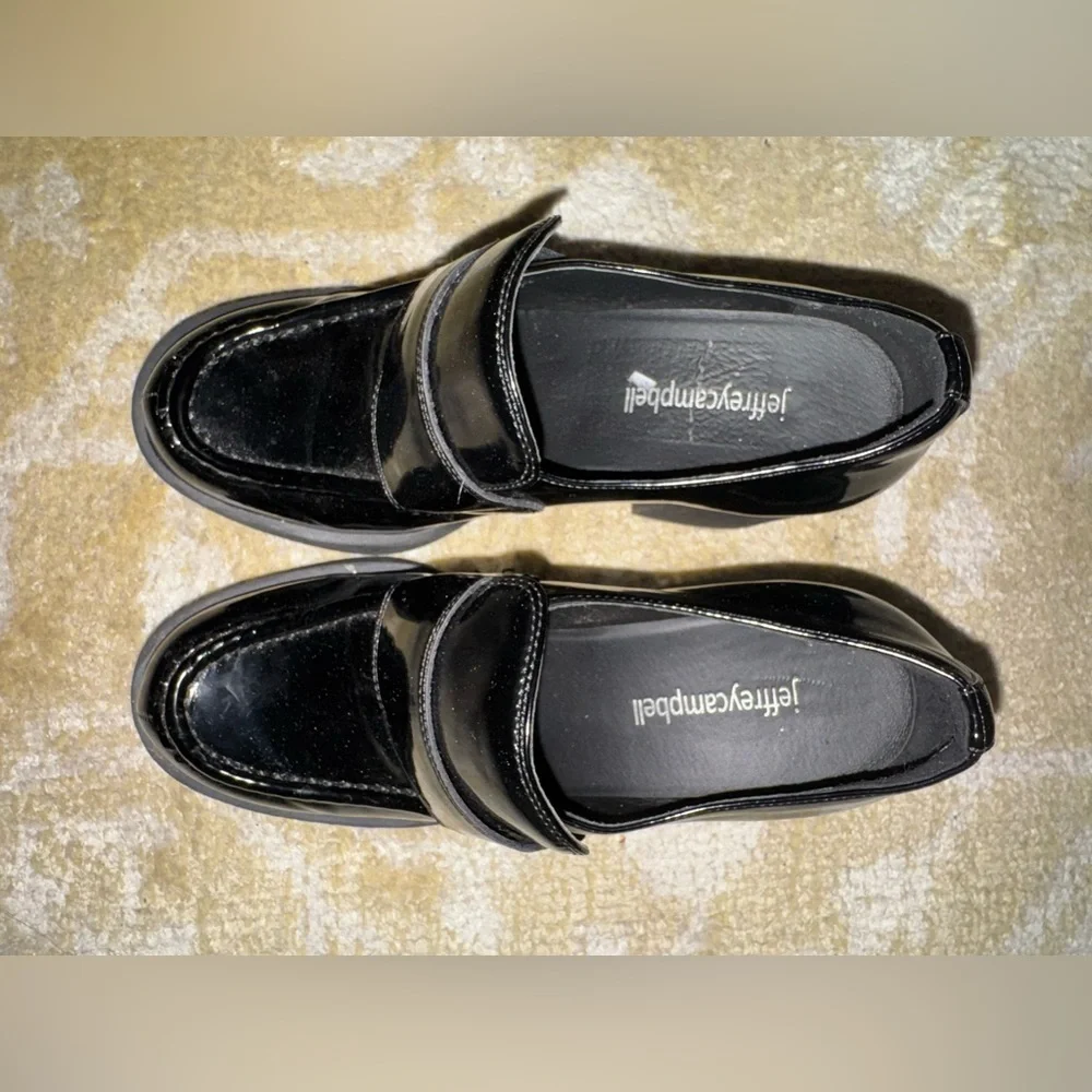 Jeffrey Campbell Women's Black Patent Leather Plain-Jane Block Heel Loafers 6.5